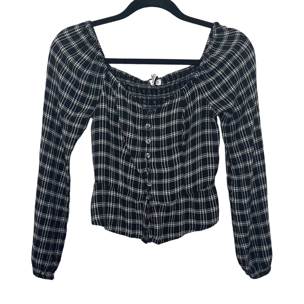 Hollister Plaid Top Cropped Smocked Button Front Balloon Long Sleeve Black XS